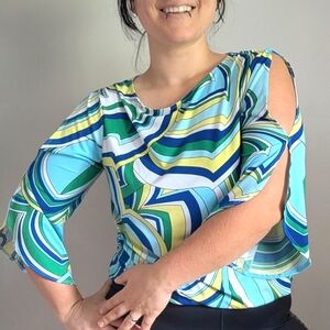Chico's Turquoise Abstract Split Sleeve Cold Shoulder Top Size 1/Medium